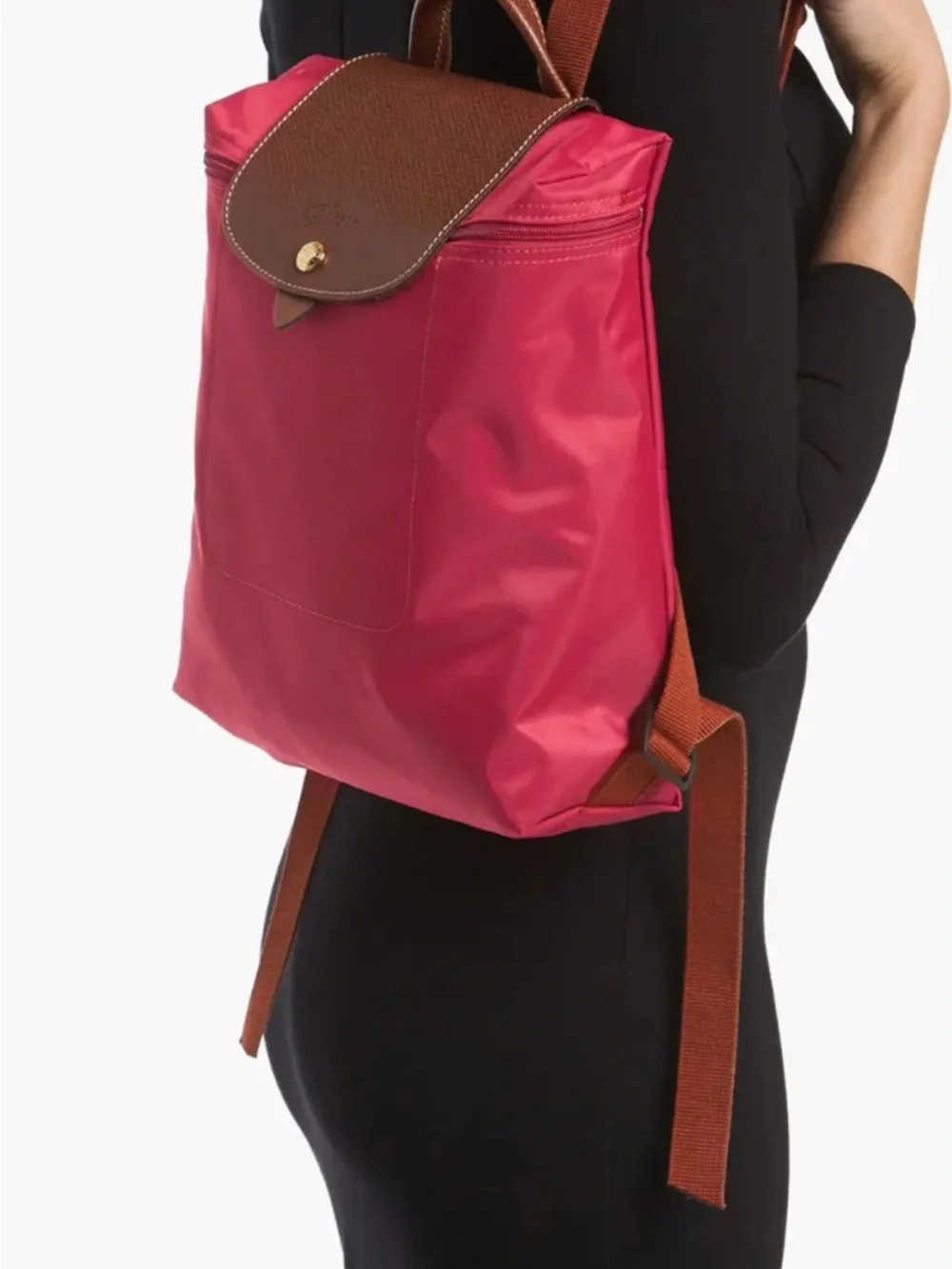 Longchamp Le Pliage Red Women's Nylon Backpack with Brown Leather Flap
